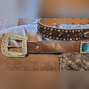 Brown Leather Studded Belt with Rhinestone Buckle